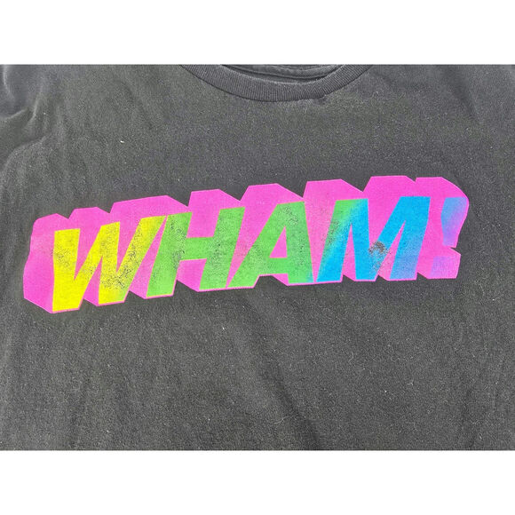 Vintage WHAM! T-Shirt Black Rainbow Logo Neon Pop 80s Music Tee Unisex Size L - Picture 2 of 5